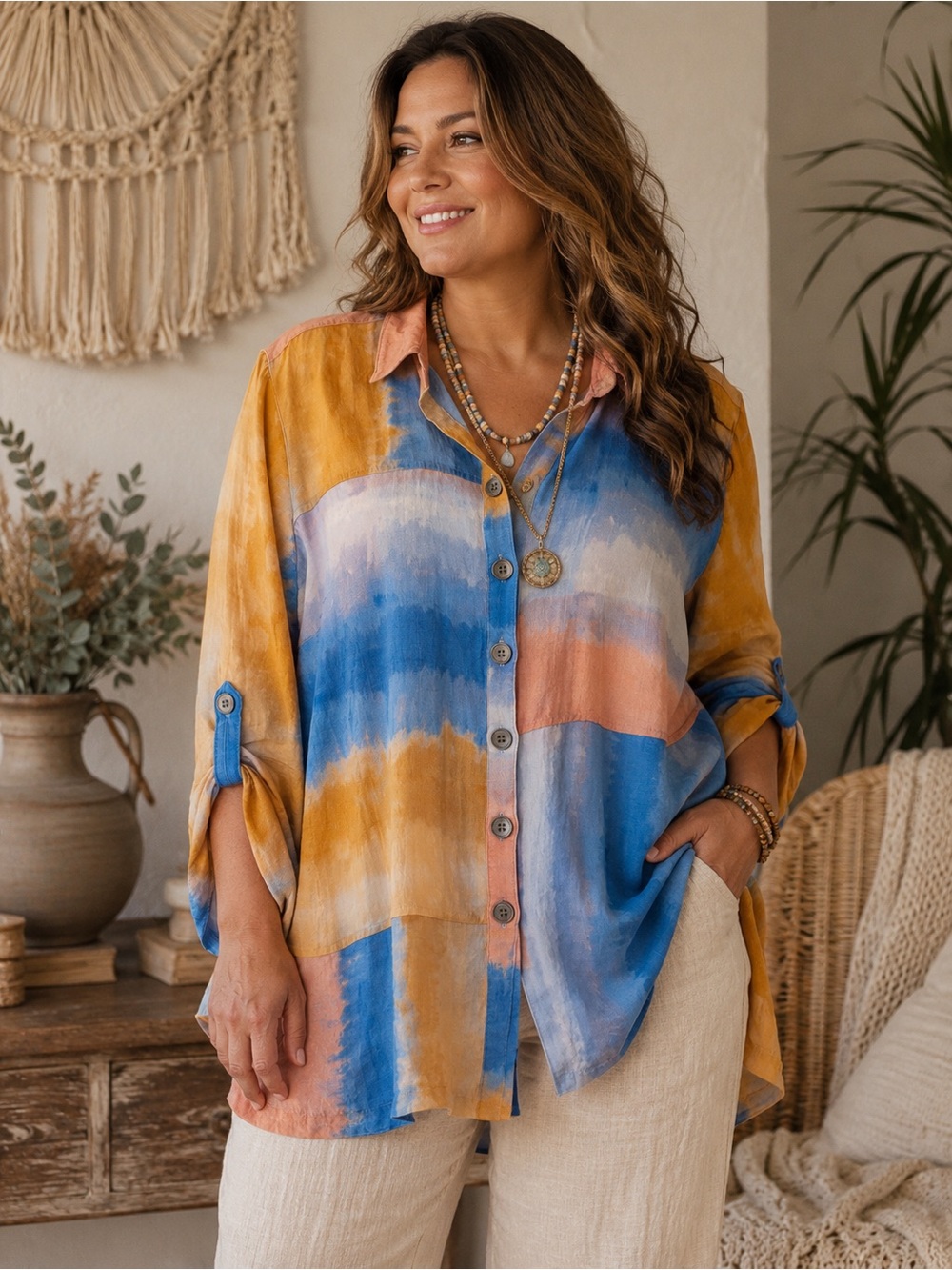 John Mark Watercolor Button-Up Tunic Top Women’s XL Boho Artsy Roll Tab Rayon